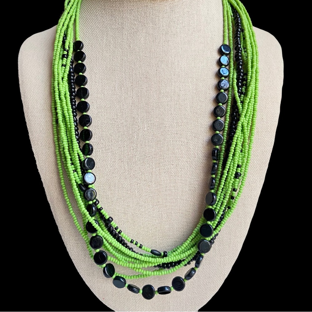 Black and green glass seed bead multi strand necklace with silvertone end caps